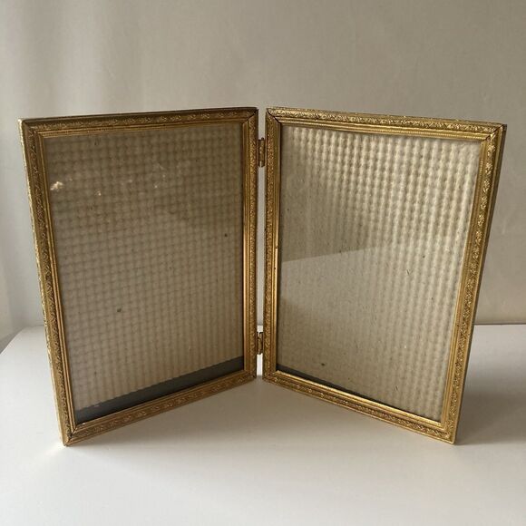 VTG Hollywood Regency MCM Gold Filigree Embossed Duo Picture Frame Ornate 7X5 - Picture 1 of 16